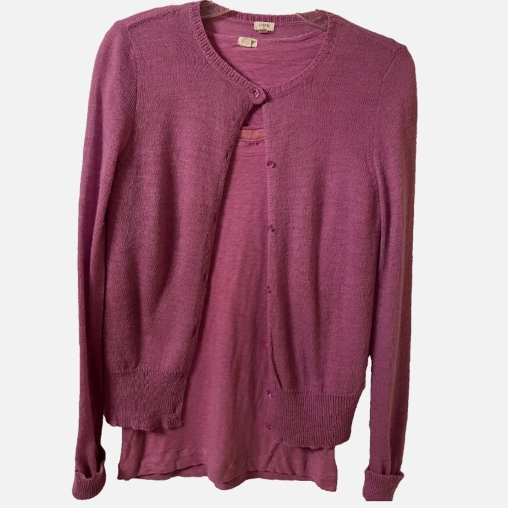 J Crew Cardigan Sweater Set with Cotton Shirt Pink Wool Alpaca Women's M